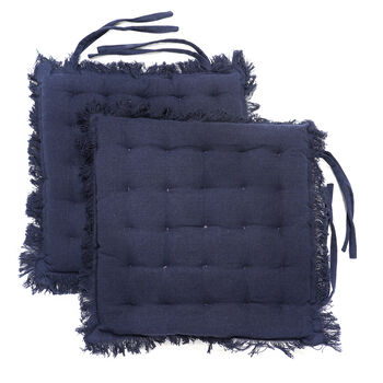 2er Set Stuhlpolster aus 100% Baumwolle mit Fransen und B&auml;ndern, 40x40x3 cm, Dunkelgrau