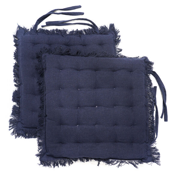2er Set Stuhlpolster aus 100% Baumwolle mit Fransen und B&auml;ndern, 40x40x3 cm, Dunkelgrau