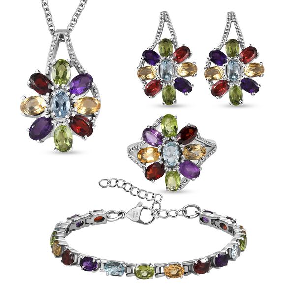 5er Set- Mehrfarbiger Armband, Ohrringe, Anhänger mit Kette (ca. 50 cm) und Ring (Größe 17.00), Schmuckset, Reiner Edelstahl ca. 22.40 ct image number 0