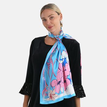 LA MAREY Signature Seidenschal aus 100% Maulbeerseide, 55 x 170 cm, Blau Floral