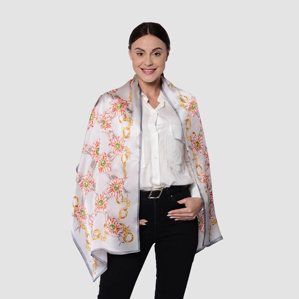 LA MAREY: Bedruckter Schal aus 100% Maulbeerseide, Blumenmuster, inkl. Geschenkbox, Grau  image number 0