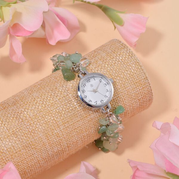 Strada Gr&uuml;ner Aventurin-Perlenuhr, Japanisches Uhrwerk, Legierungsgeh&auml;use, Wei&szlig; mit schwarzen Ziffern image number 2