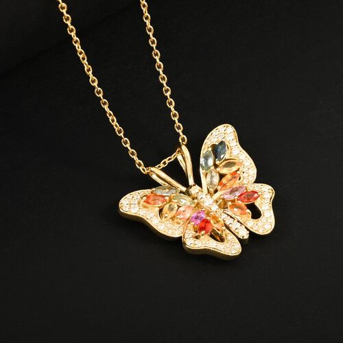 Clarte Flutter Kollektion- Mehrfarbiger Saphir, Moissanit Schmetterling Anhänger mit Kette, 925 Silber Gelbes Gold ca. 1.63 ct image number 1