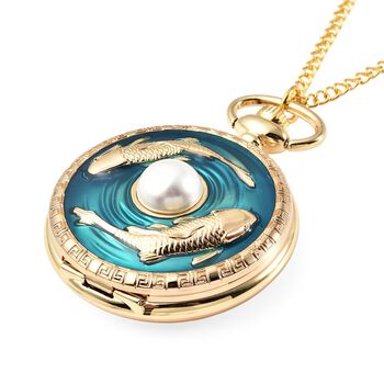 STRADA wei&szlig;e Muschelkernperle Taschenuhr mit 79cm Kette im Doppel-Koi-Motiv, Japanisches Uhrwerk