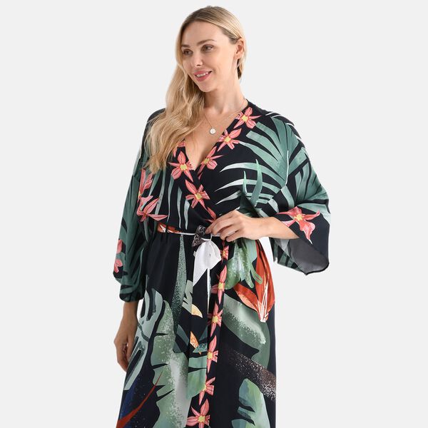 Kimono mit Gürtel, tropischem Blättermuster, 128×78 cm, Schwarz image number 5