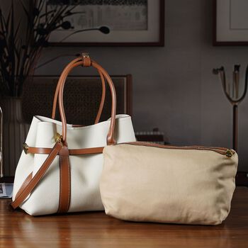 Echtleder Shopper Set, 2-teilig, Magnetfach, Rei&szlig;verschlussf&auml;cher, 35x11x20cm, Wei&szlig; und Braun