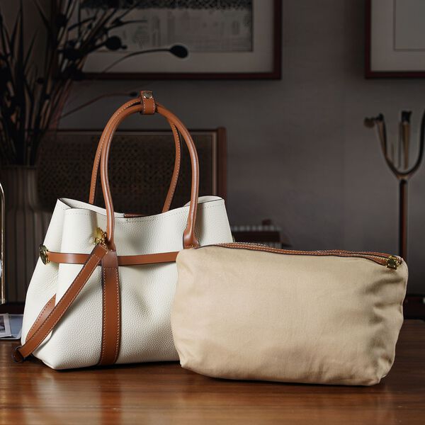 Echtleder Shopper Set, 2-teilig, Magnetfach, Rei&szlig;verschlussf&auml;cher, 35x11x20cm, Wei&szlig; und Braun image number 2