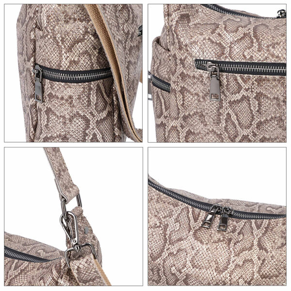 Hobo-Tasche aus 100% echtem Leder, Schlangenhautmuster, Khaki image number 6