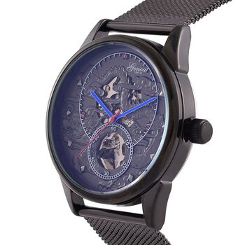 GENOA TIME V2 - Automatische mechanische Uhr mit Drachenmuster und Edelstahl-Mesharmband, 23 cm, schwarz, ca. 89,00g