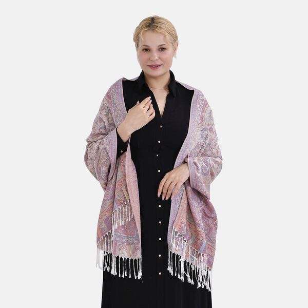 Jacquard Paisley-Schal mit Fransen, 170cm x 75cm, Lila Blüten image number 3