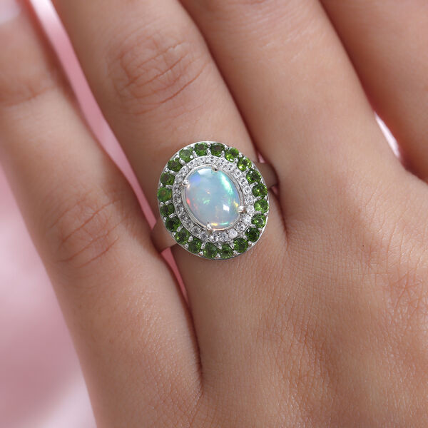 Nat&uuml;rlicher, &auml;thiopischer Opal und nat&uuml;rlicher Chromdiopsid Halo-Ring, 925 Silber platiniert  ca. 2,41 ct image number 3