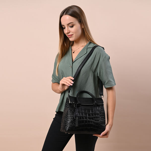 Schultertasche aus 100% echtem Leder mit Kroko-Prägung und abnehmbarem Riemen, Schwarz  image number 2