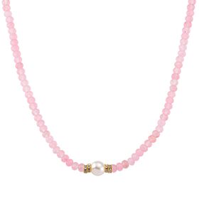 Muschelkernperle-Halskette mit Rosenquarz, verstellbar 40+10cm, goldfarben