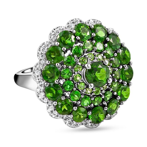 Nat&uuml;rlicher Chromdiopsid und wei&szlig;er Zirkon-Ring, 925 Silber platiniert  ca. 5,28 ct