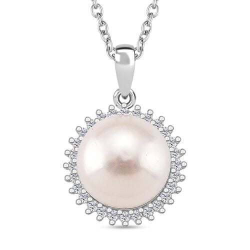 Weiße Süßwasser Perle, Weißer Zirkonia Schmuckset 925 Silber rhodiniert und Edelstahl image number 0