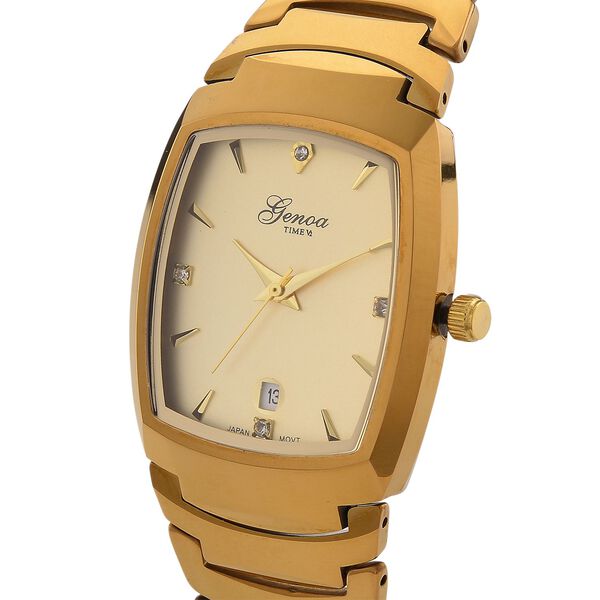 GENOA - Armbanduhr mit Datumsanzeige, Japanische-Uhrwerk mit Wei&szlig;er Kristall, Wolframstahlgeh&auml;use, Reiner Edeslstahl, Goldfarben image number 3