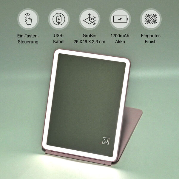 Faltbarer LED-beleuchteter Schminkspiegel, 3 Helligkeitsstufen, Doppelseitige Spiegelflächen, Rosa image number 9