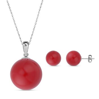 Muschelkernperle Schmuckset, Rot, 925 Silber rhodiniert, Edelstahl Kette