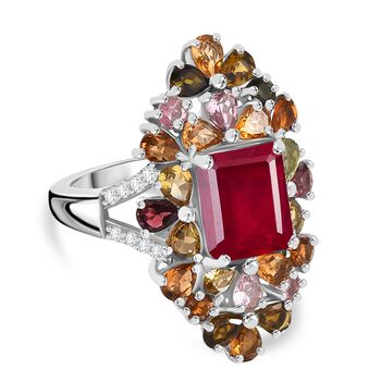 Afrikanischer Rubin (Fissure gef&uuml;llt), Mehrfarbig-Turmalin Ring 925 Silber rhodiniert (Gr&ouml;&szlig;e 19.00) ca. 9.10 ct