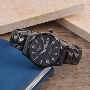 GENOA TIME V2, Schwarzes Zifferblatt und Kristallglas, Edelstahlarmband, 3ATM Wasserdicht, Reiner Edelstahl, Schwarz Beschichtung