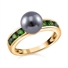 Tahiti Muschelkernperle, Natürlicher Chromdiopsid Ring 925 Silber vergoldet (Größe 19.00)