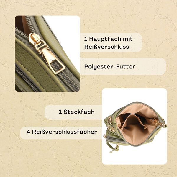 Crossbody-Tasche mit mehreren Reißverschlussfächern und gemustertem Gurt, 19x22cm, Grün image number 2