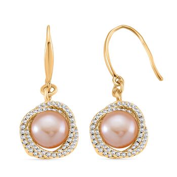 Pfirsich-S&uuml;&szlig;wasser Perle (8-10 mm), Wei&szlig;er Zirkonia Ohrringe Nickelfreies Messing vergoldet