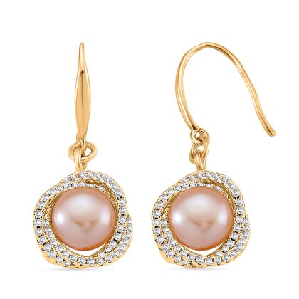 Pfirsich-S&uuml;&szlig;wasser Perle (8-10 mm), Wei&szlig;er Zirkonia Ohrringe Nickelfreies Messing vergoldet