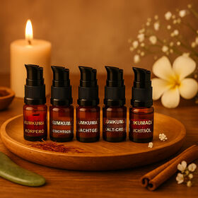 SQIN Botanicals- Kumkumadi-Set: Gesichtsöl, Nachtgel, Gesichtscreme, Gesichtsserum, Kalte Creme, je 5ml (gesamt 25ml)