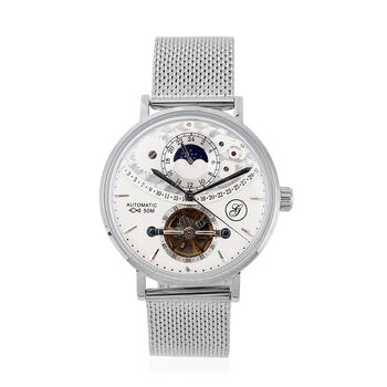 GENOA - Mondphasenuhr mit Schwungrad, Automatikwerk, wei&szlig;es Ziffernblatt mit Milanese Armband im Silberton, wasserdicht