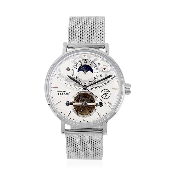 GENOA - Mondphasenuhr mit Schwungrad, Automatikwerk, wei&szlig;es Ziffernblatt mit Milanese Armband im Silberton, wasserdicht