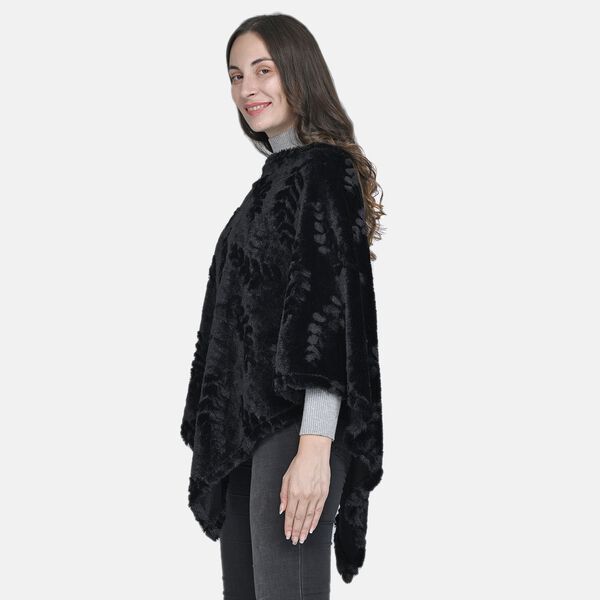 Weicher Kunstfell Poncho mit 3D Bl&auml;tter Motiv, Schwarz image number 2