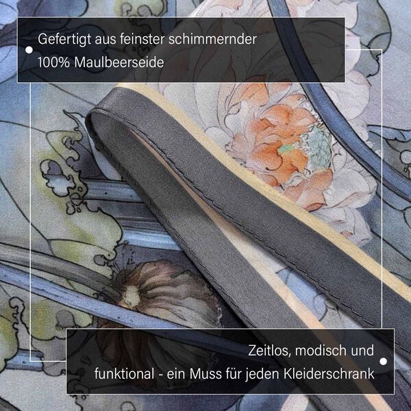 LA MAREY: Premium Selection - 100% Maulbeerenseiden-Halstuch mit Garten Druck, 35x150 cm, Blau image number 3