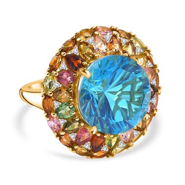 Hanabi Schliff - AA Blauer Quarz Triplette, Mehrfarbiger-Turmalin Ring, 925 Silber 750 Gelbgold Vermeil (Größe 17.00) ca. 17.89 ct