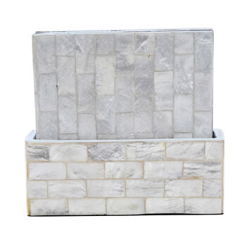 4er-Set Perlmutt Untersetzer mit Halter, Wei&szlig;