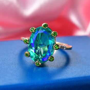 D'Joy Pfau Quarz Triplette, Nat&uuml;rlicher Chromdiopsid Ring 925 Silber 750 Gelbgold vermeil (Gr&ouml;&szlig;e 17.00) ca. 6,60 ct