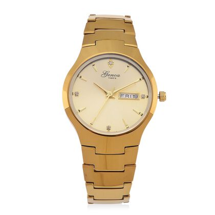 GENOA TIME V2 Uhr mit Japanischem VJ33 Quarzwerk, 36 mm, Zifferblatt mit Kristallen und Datumsanzeige, Armband aus Wolframstahl, 3 ATM wasserdicht, vergoldet