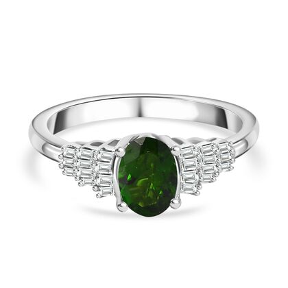 Nat&uuml;rlicher Chromdiopsid, Wei&szlig;er Diamant Ring 925 Silber rhodiniert (Gr&ouml;&szlig;e 18.00) ca. 1,05 ct