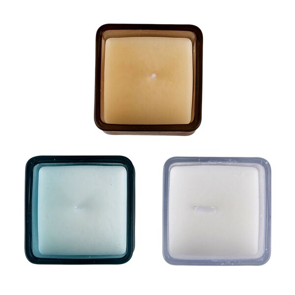 "Scented candles with bamboo base Color: Coffee + blue + purple Squre glass jar size: 6*6cm Fragrance type:French coffee+British Freesia+French Lavender 5% perfume Paraffin Wax weight: 85g Burning time: Approximately 15 hours ????? ??:??+??+?? ?????:6*6cm image number 5