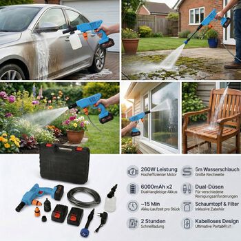 "Battery capacity: 6000 mAh*2pcs Charging time: 2 hours Use time: 15 minutes Motor power: 260 watts Accessories: 1 charger; 1 filter screen; 1 water bottle connector; 1 foam pot; 2 battery; 2 nozzles 1 pipe connector; 1 extended aluminum pipe; 1 5m water