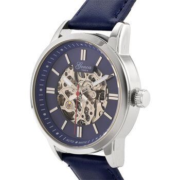 GENOA TIME V2 Automatikuhr mit mechanischem Automatikwerk, Zifferblatt Blau mit Sonnenschliff und offenem Design, Lederarmband Blau, 3 ATM wasserdicht