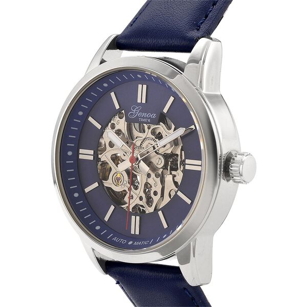 GENOA TIME V2 Automatikuhr mit mechanischem Automatikwerk, Zifferblatt Blau mit Sonnenschliff und offenem Design, Lederarmband Blau, 3 ATM wasserdicht image number 4