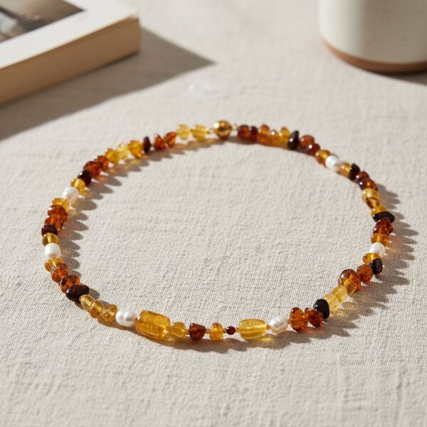 D'Joy Wei&szlig;e S&uuml;&szlig;wasser Perle (6-8 mm), Mehrfarbiger Bernstein Halskette ca. 50 cm 925 Silber vergoldet image number 2