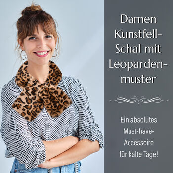 Kunstfell-Schal mit Leopardenmuster, Kamel, beige und schwarz