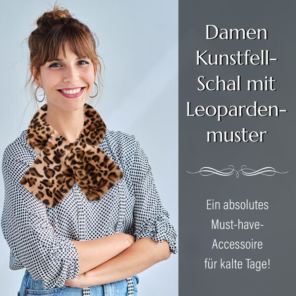 Kunstfell-Schal mit Leopardenmuster, Kamel, beige und schwarz image number 3