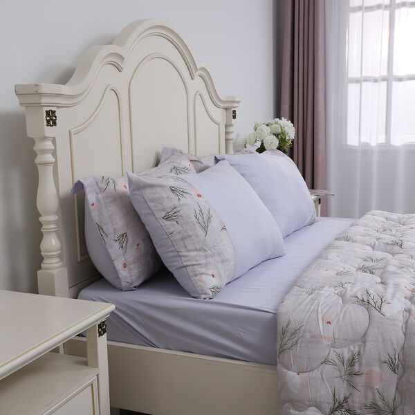 SERENITY NIGHT: 3er-Set - Bettdecke und 2 Kissenbez&uuml;ge, Blumenmuster, Grau und Wei&szlig; image number 3