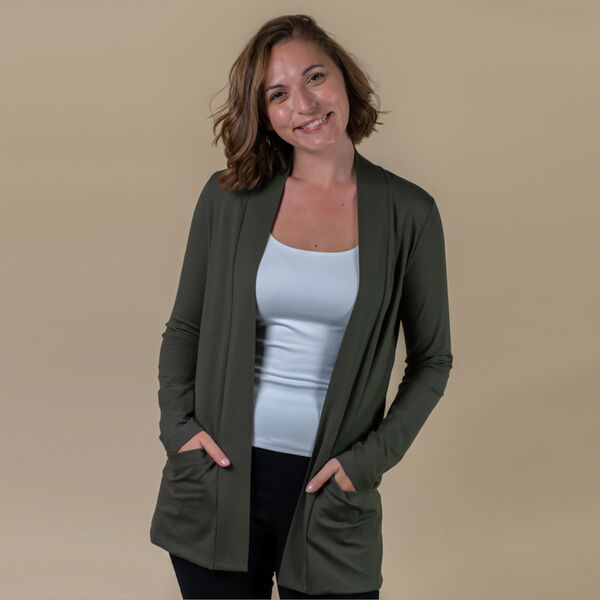 TAMSY - Jersey Cardigan mit offener Vorderseite f&uuml;r Damen, Gr&ouml;&szlig;e 38, Khaki image number 1