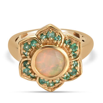 Nat&uuml;rlicher &Auml;thiopischer Opal und Smaragd Ring 925 Silber vergoldet (Gr&ouml;&szlig;e 16.00) ca. 1,17 ct