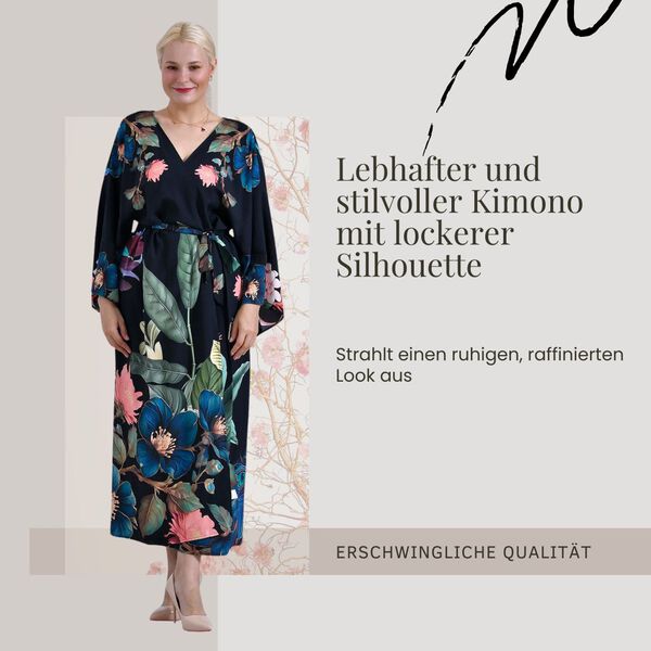 Kimono mit Gürtel, tropischem Blumenmuster, 128×78 cm, Dunkelblau image number 2