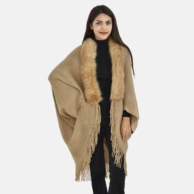 LA MAREY luxuriöser Kunstfell-Kimono mit Fransen, Beige